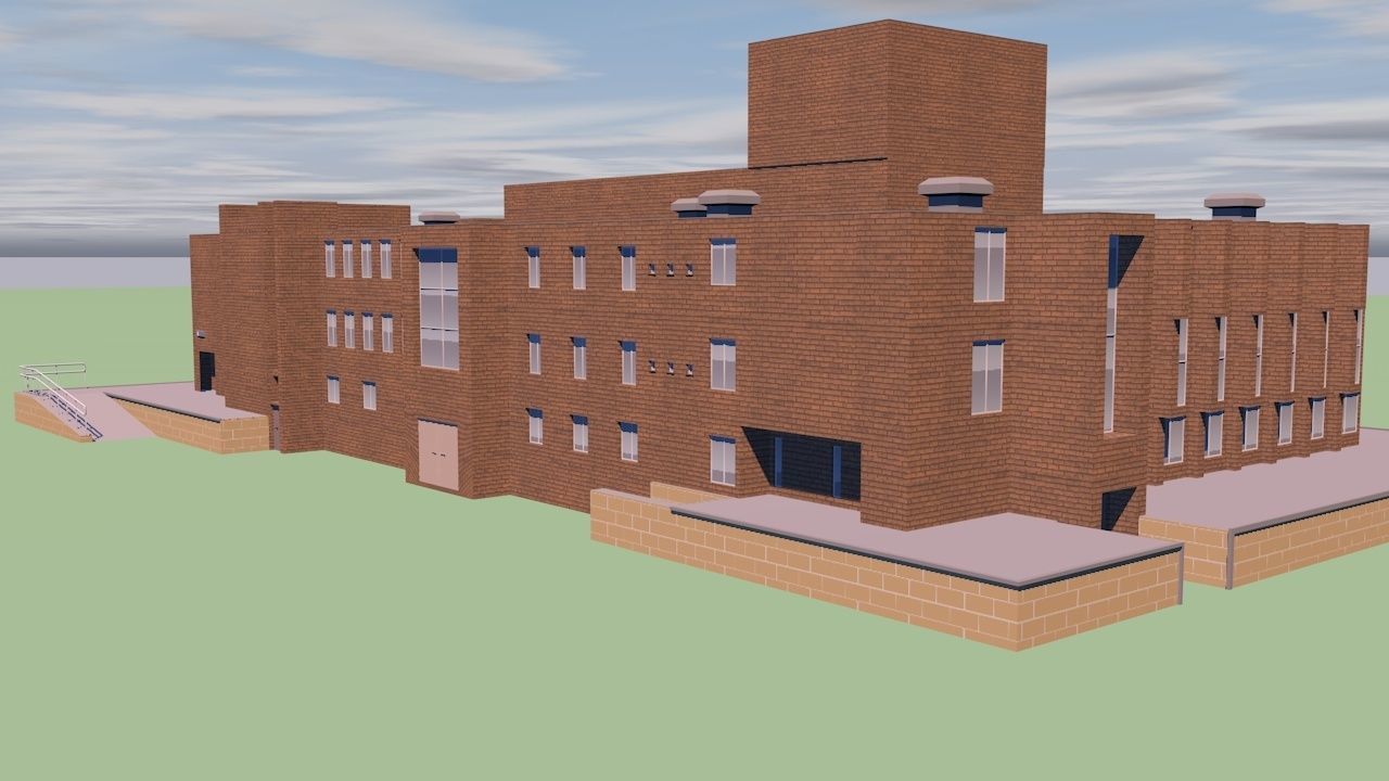 University brick building in middle of field Low-poly 3D model_2