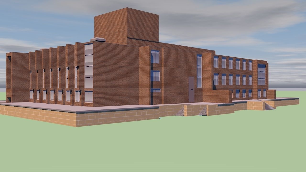 University brick building in middle of field Low-poly 3D model_1