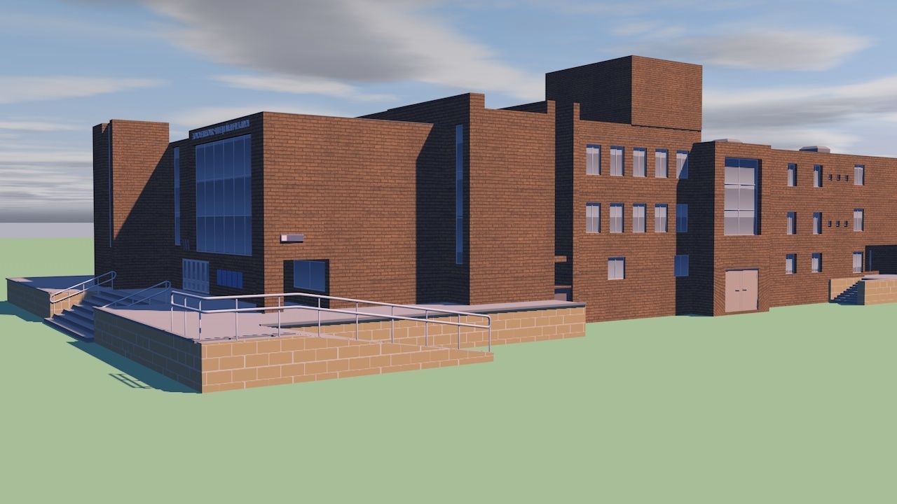 University brick building in middle of field Low-poly 3D model_3