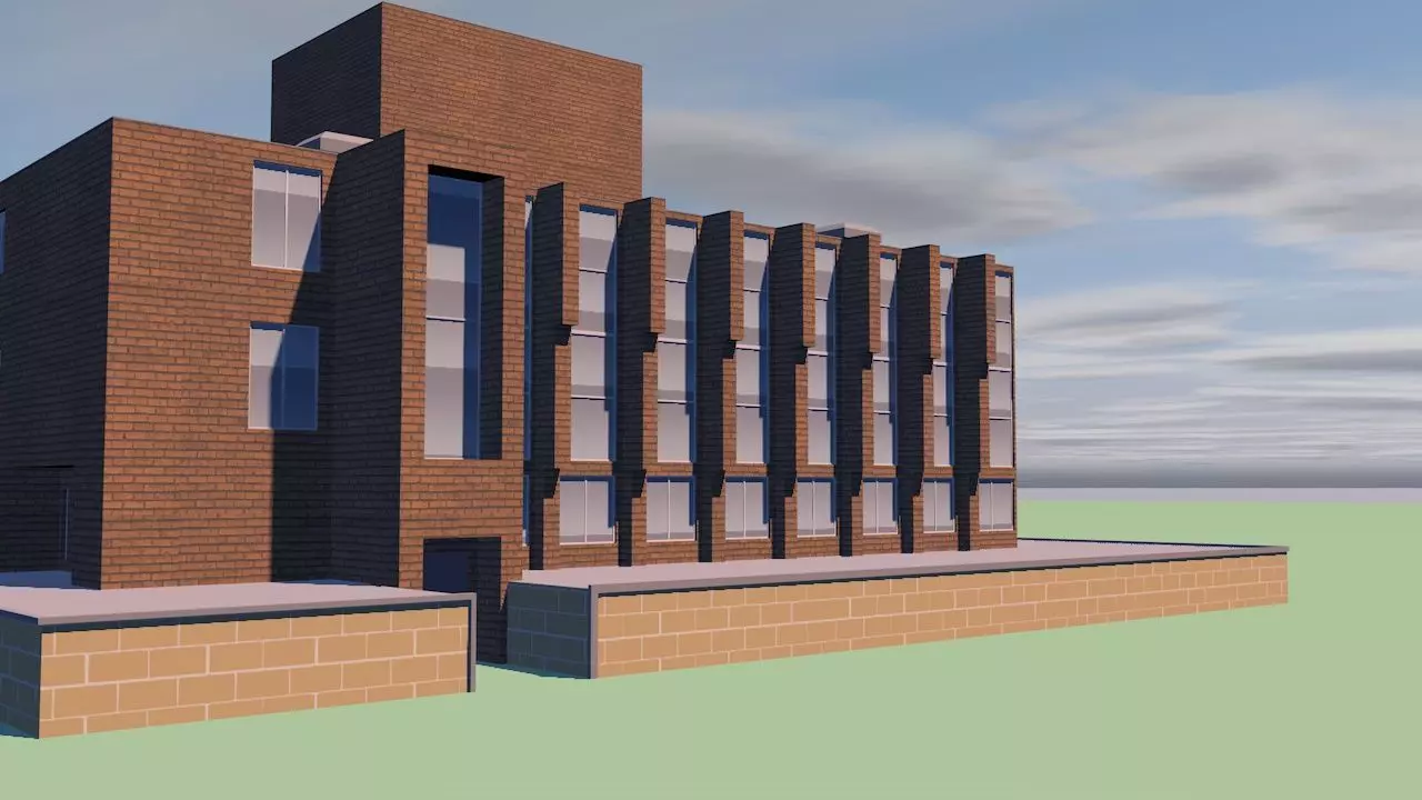 University brick building in middle of field Low-poly 3D model_0