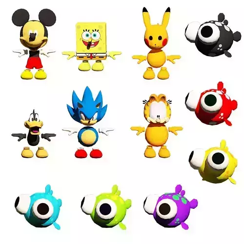 cartoon characters and fishes 3d model pack