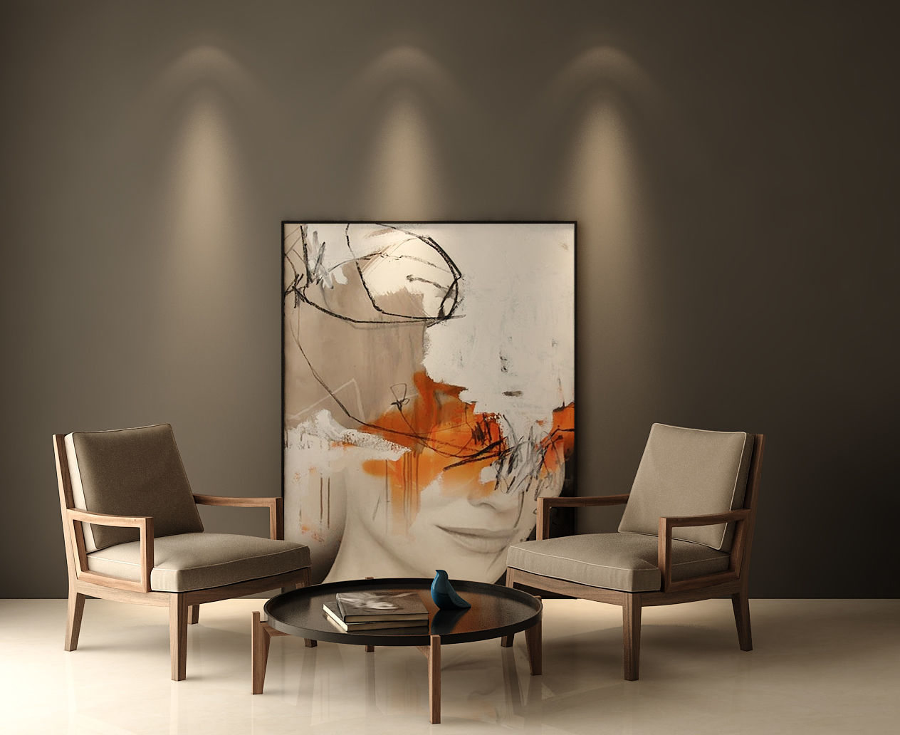 3d armchair room with two chairs and coffee table Low-poly 3D model_1