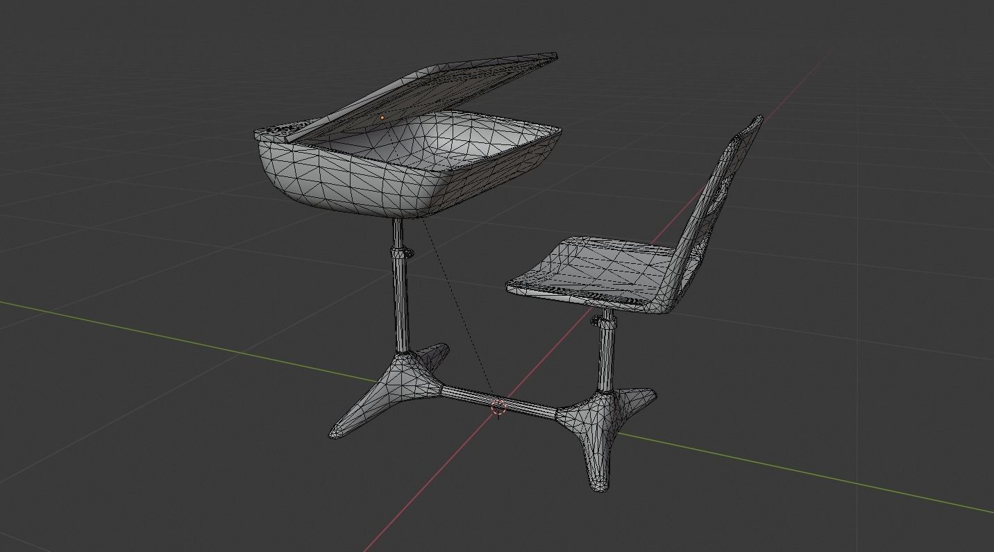 Old vintage school study desk with chair Low-poly 3D model_4