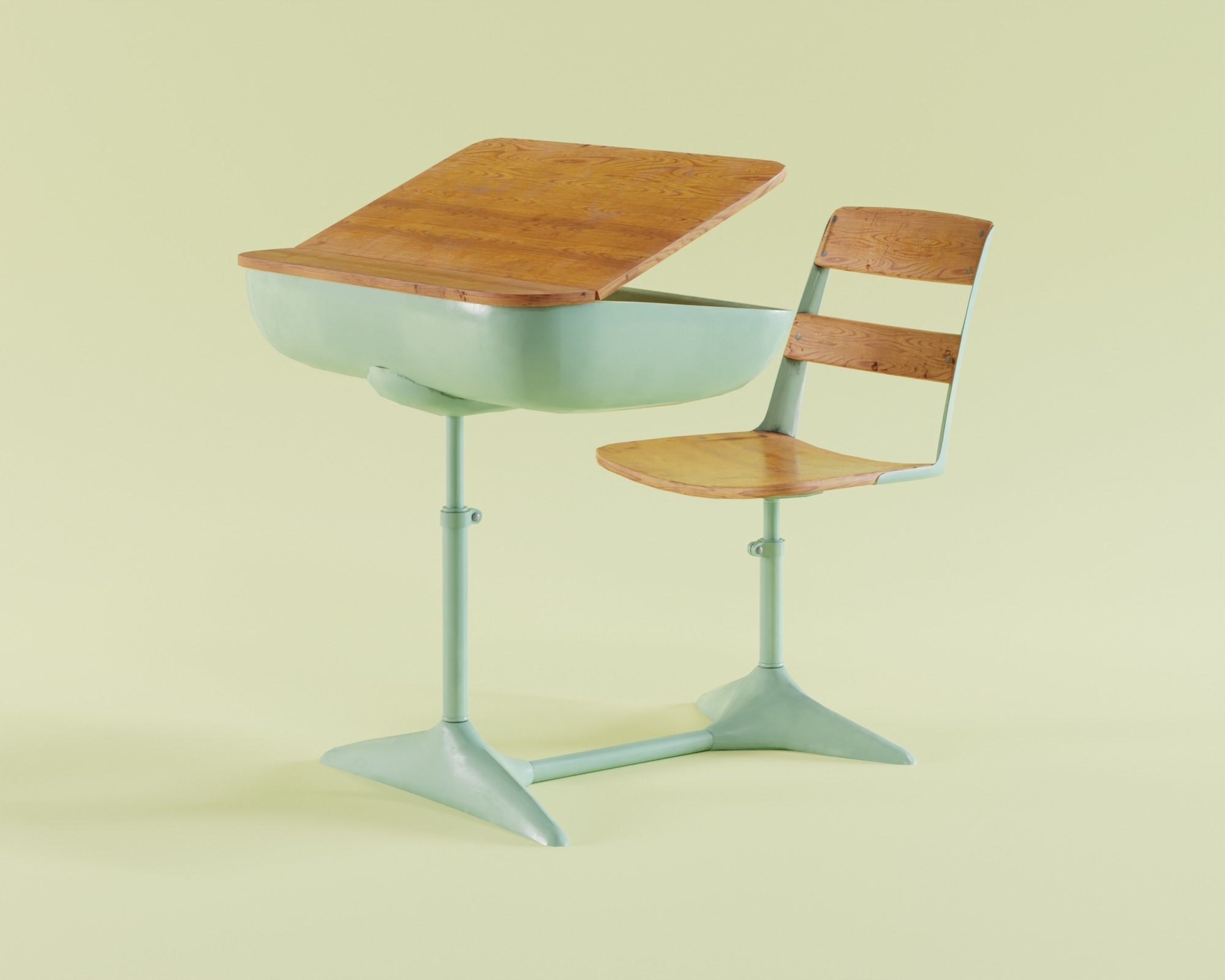 Old vintage school study desk with chair Low-poly 3D model_3