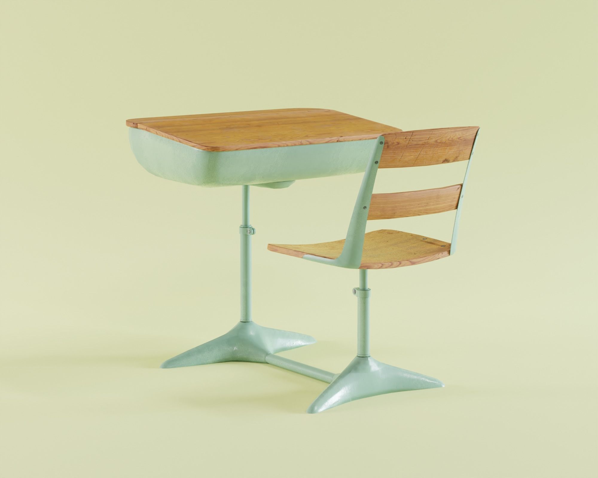Old vintage school study desk with chair Low-poly 3D model_1