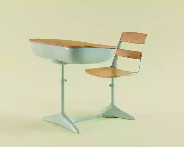 Old vintage school study desk with chair Low-poly 3D model Old vintage school study desk with chair Low-poly 3D model