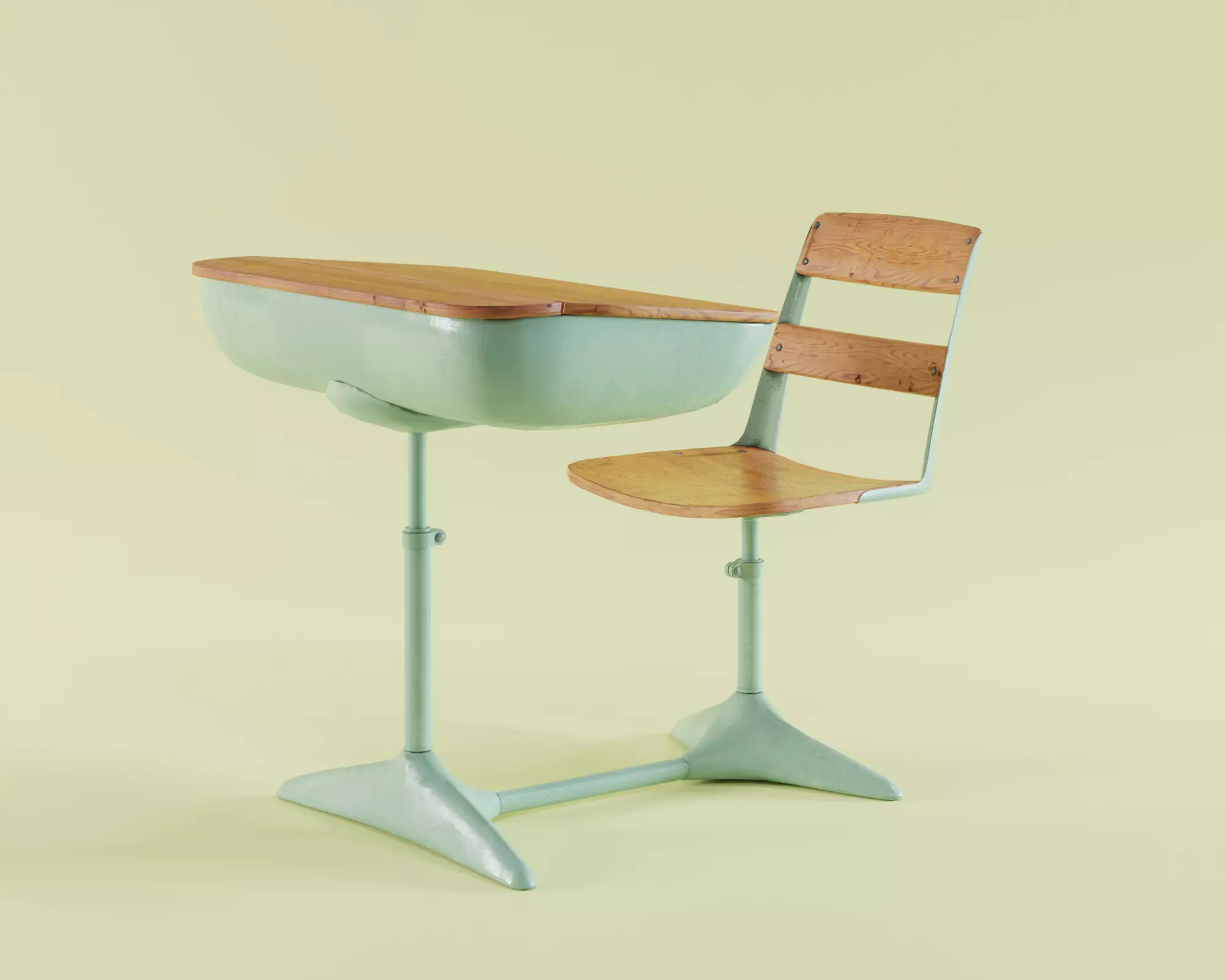 Old vintage school study desk with chair Low-poly 3D model_0