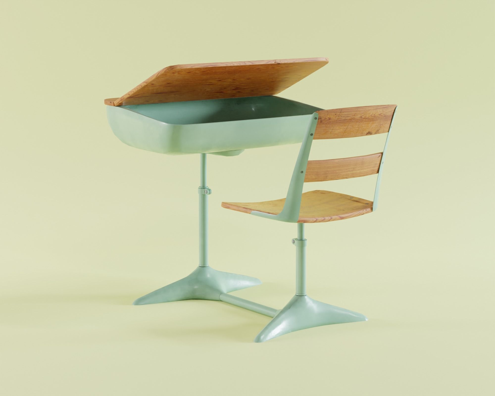 Old vintage school study desk with chair Low-poly 3D model_2