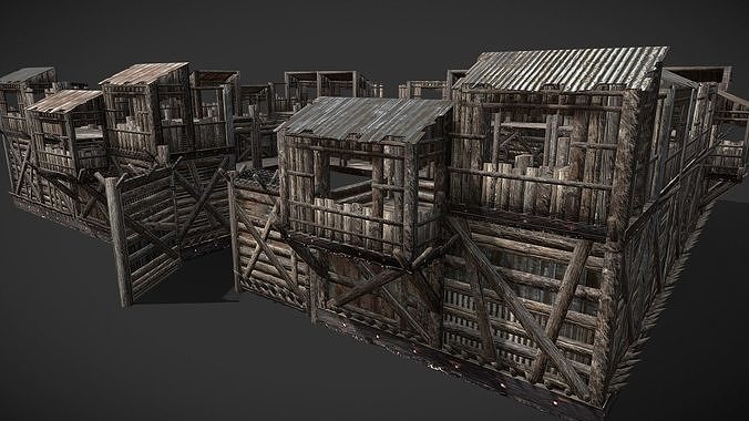 HQ Modular Wooden Fortification Low-poly 3D model
