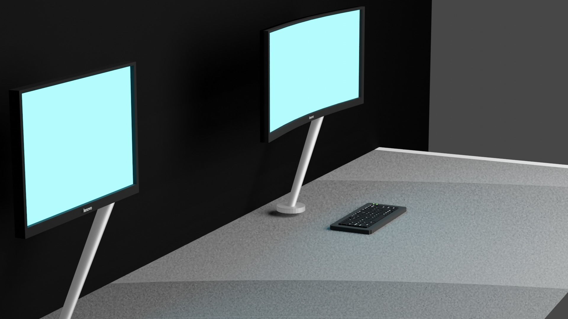 Curved and Flat Monitors with Monitor Arm and Keyboard in Office 3D model_5