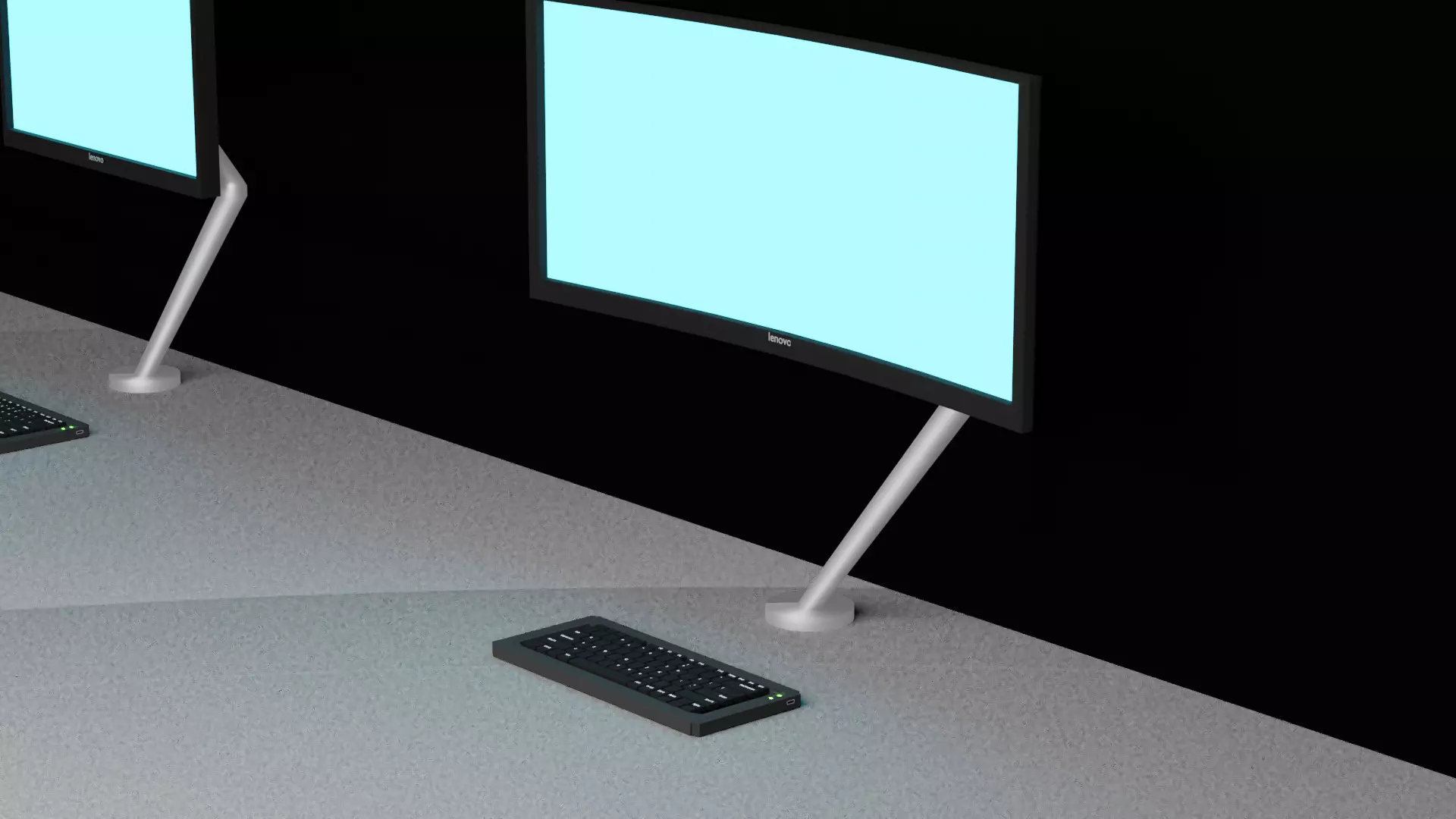 Curved and Flat Monitors with Monitor Arm and Keyboard in Office 3D model_0