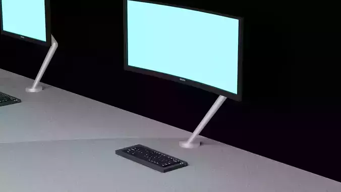 Curved and Flat Monitors with Monitor Arm and Keyboard in Office