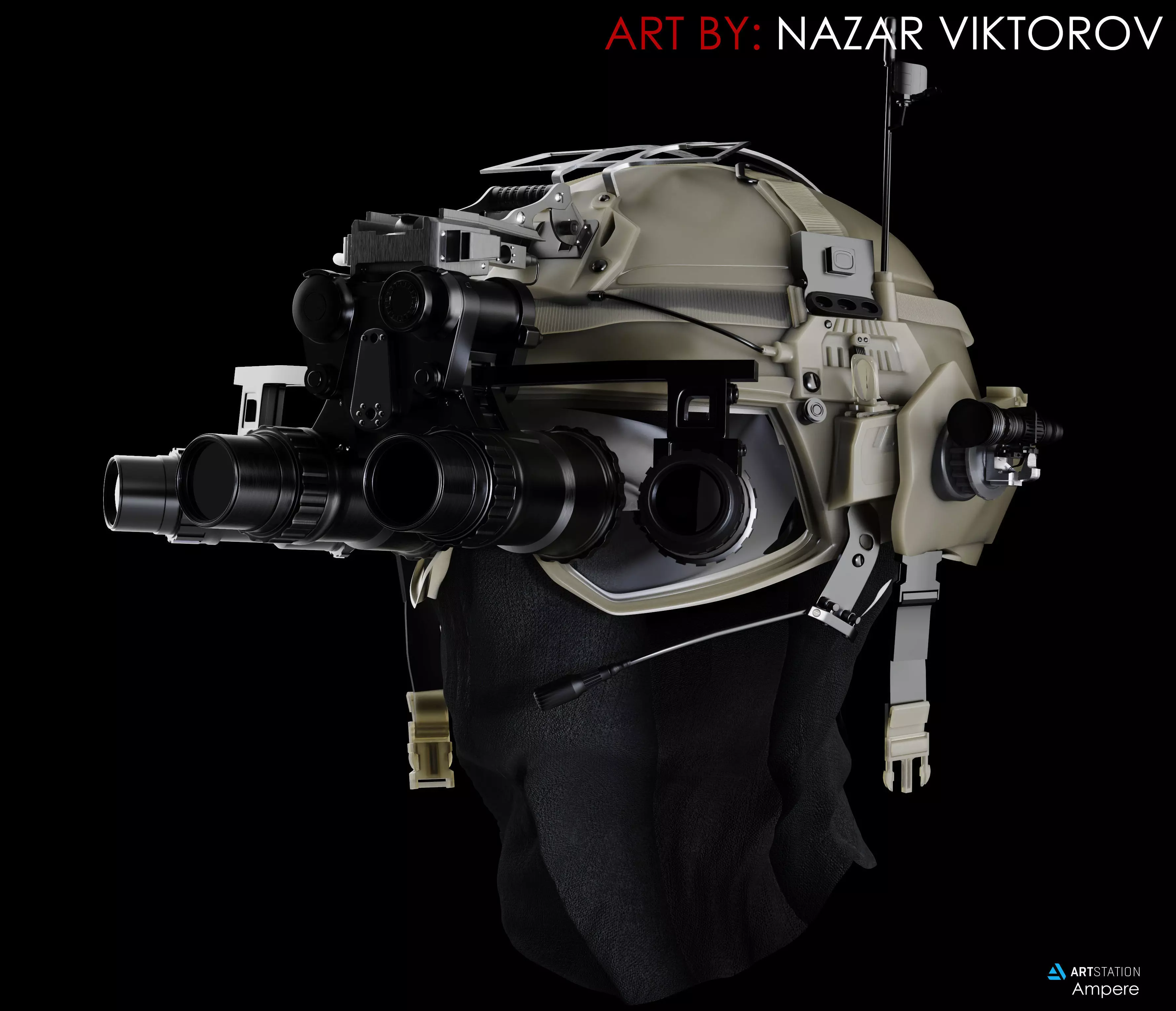 Military helmet with night vision device 3D model_0