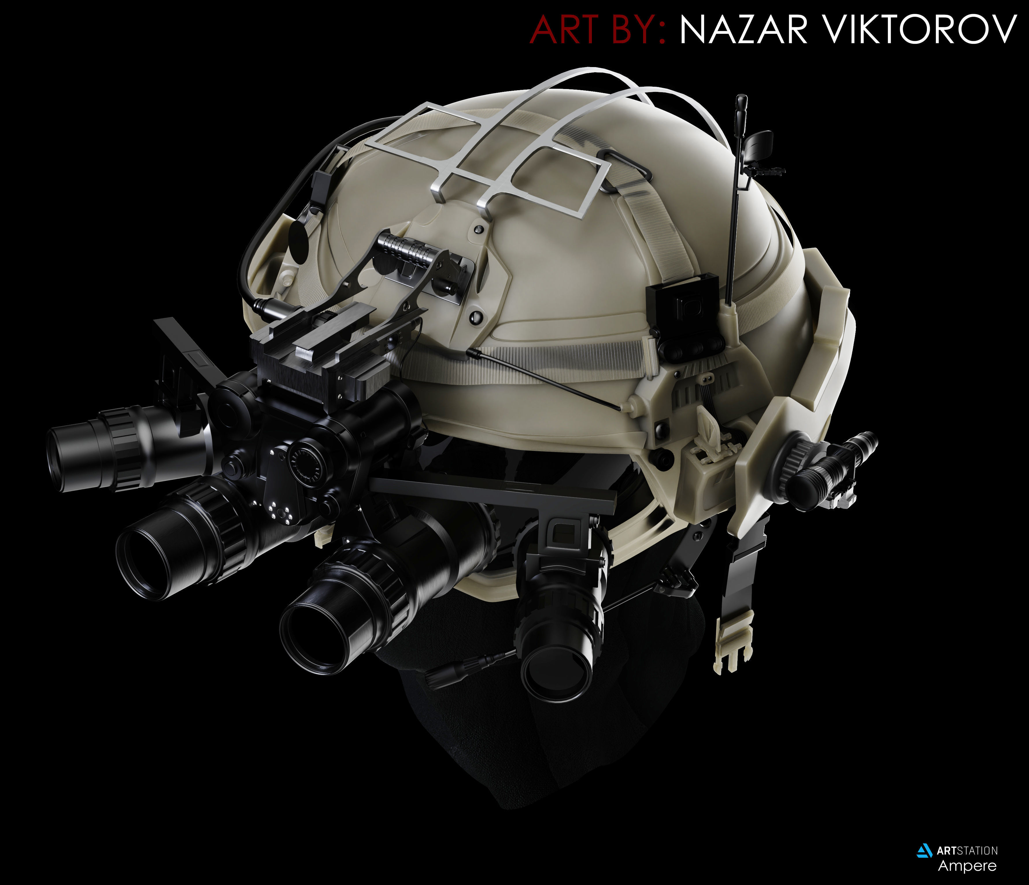 Military helmet with night vision device 3D model_4