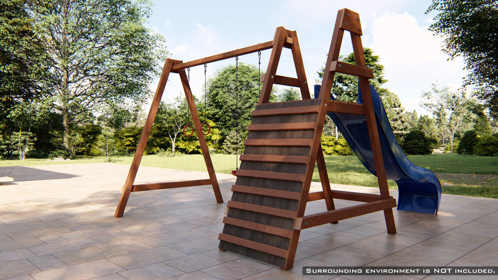 Wooden outdoor swing set with slide 3D model_8