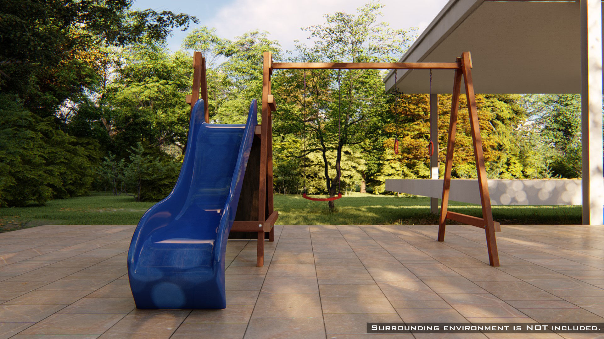 Wooden outdoor swing set with slide 3D model_3