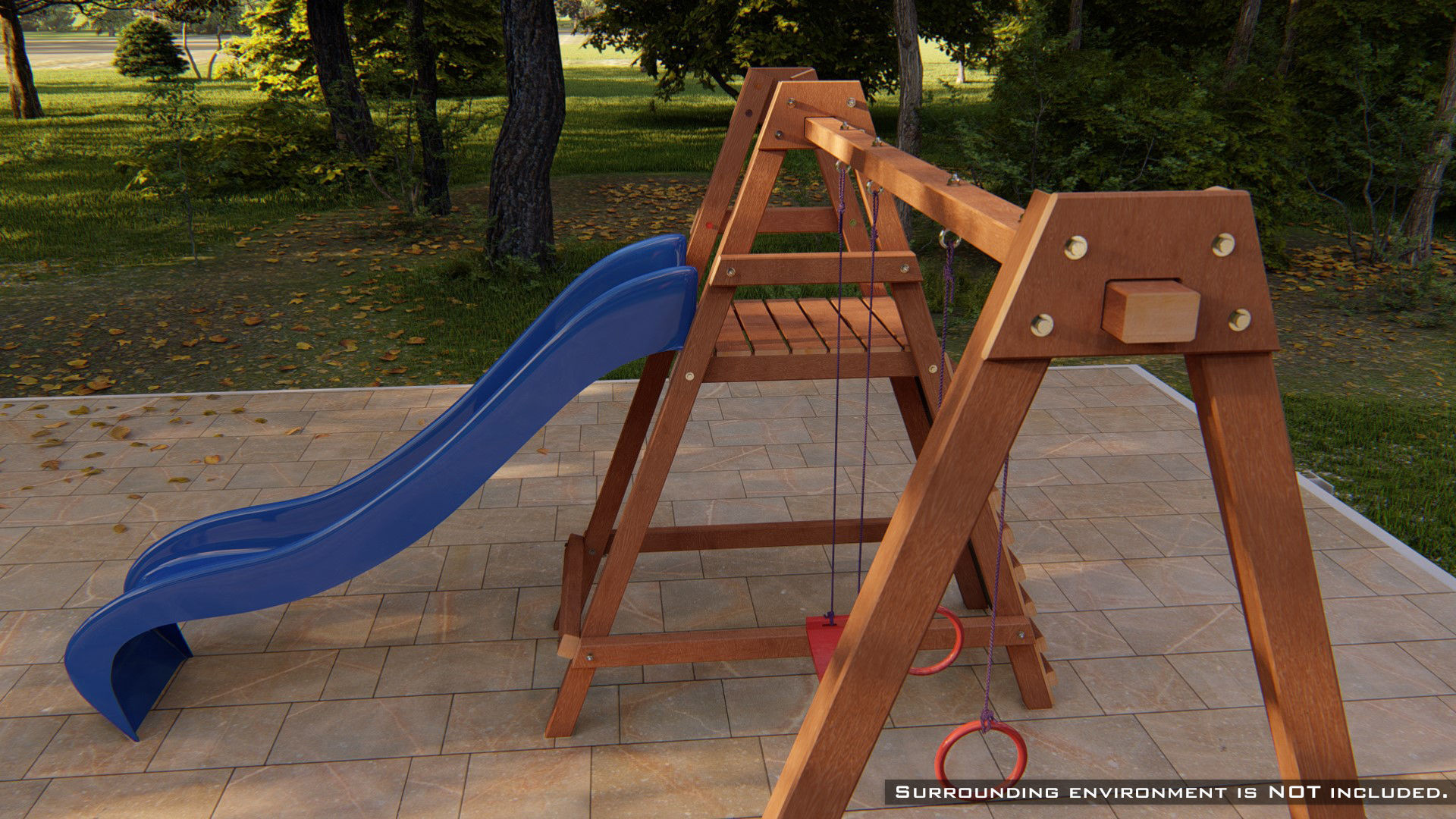 Wooden outdoor swing set with slide 3D model_4