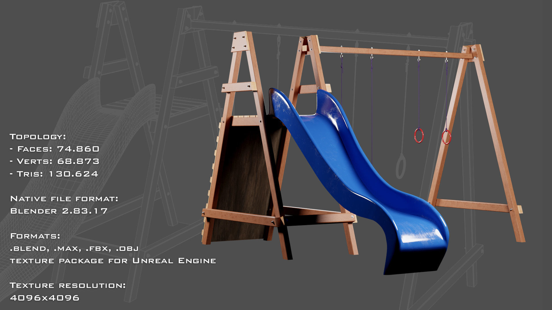 Wooden outdoor swing set with slide 3D model_21