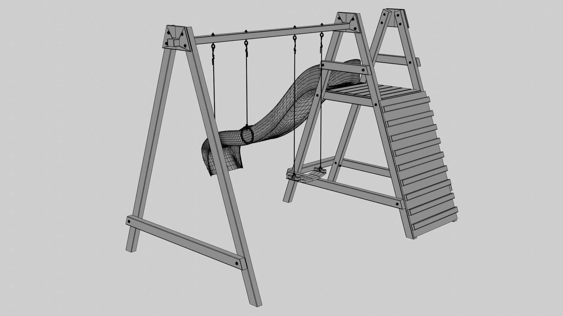 Wooden outdoor swing set with slide 3D model_16