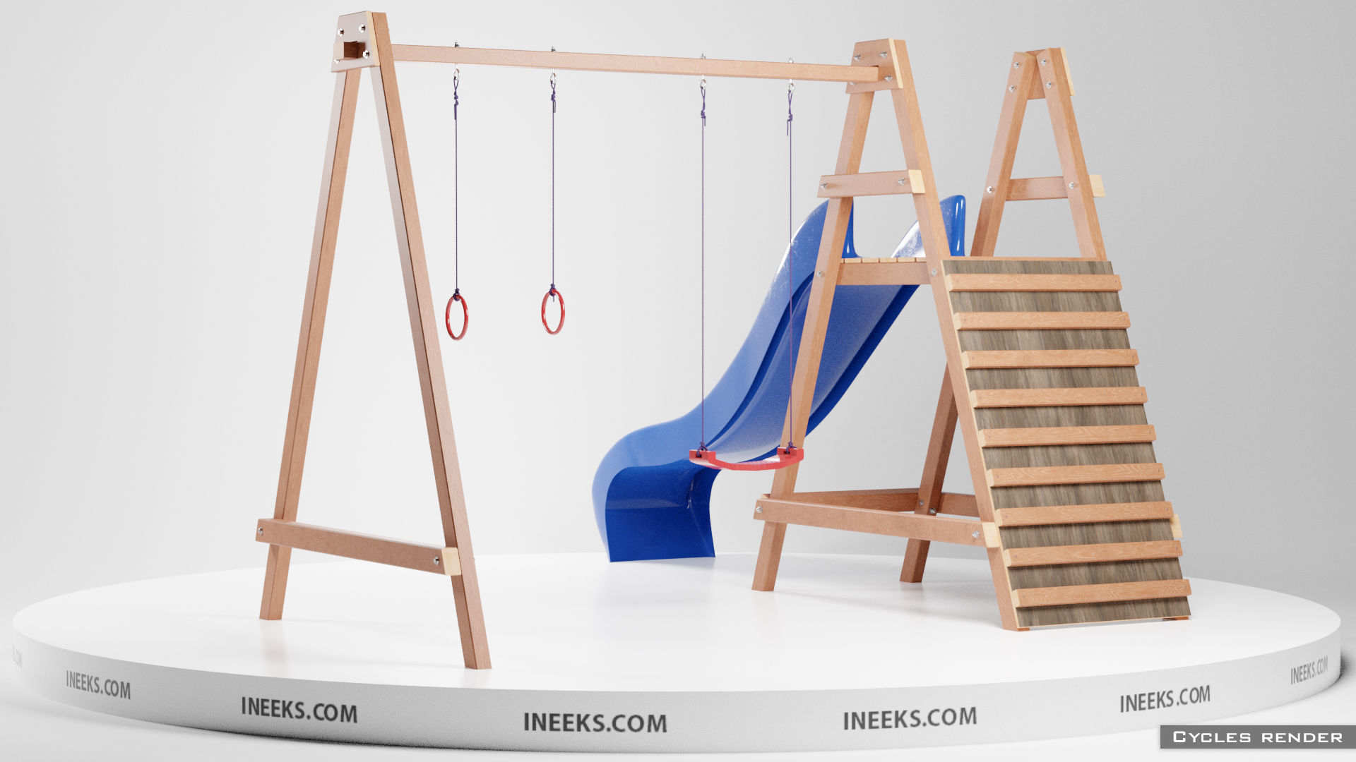 Wooden outdoor swing set with slide 3D model_9
