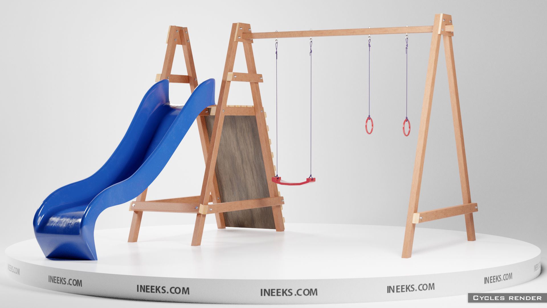 Wooden outdoor swing set with slide 3D model_11