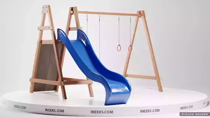 Wooden outdoor swing set with slide