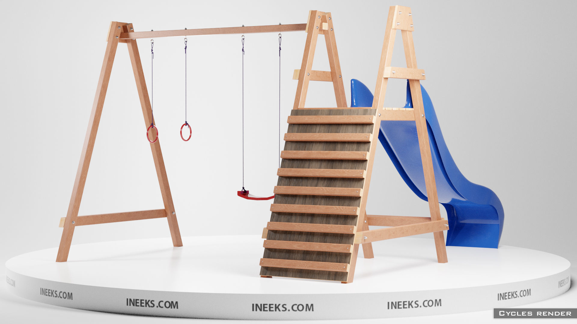 Wooden outdoor swing set with slide 3D model_10
