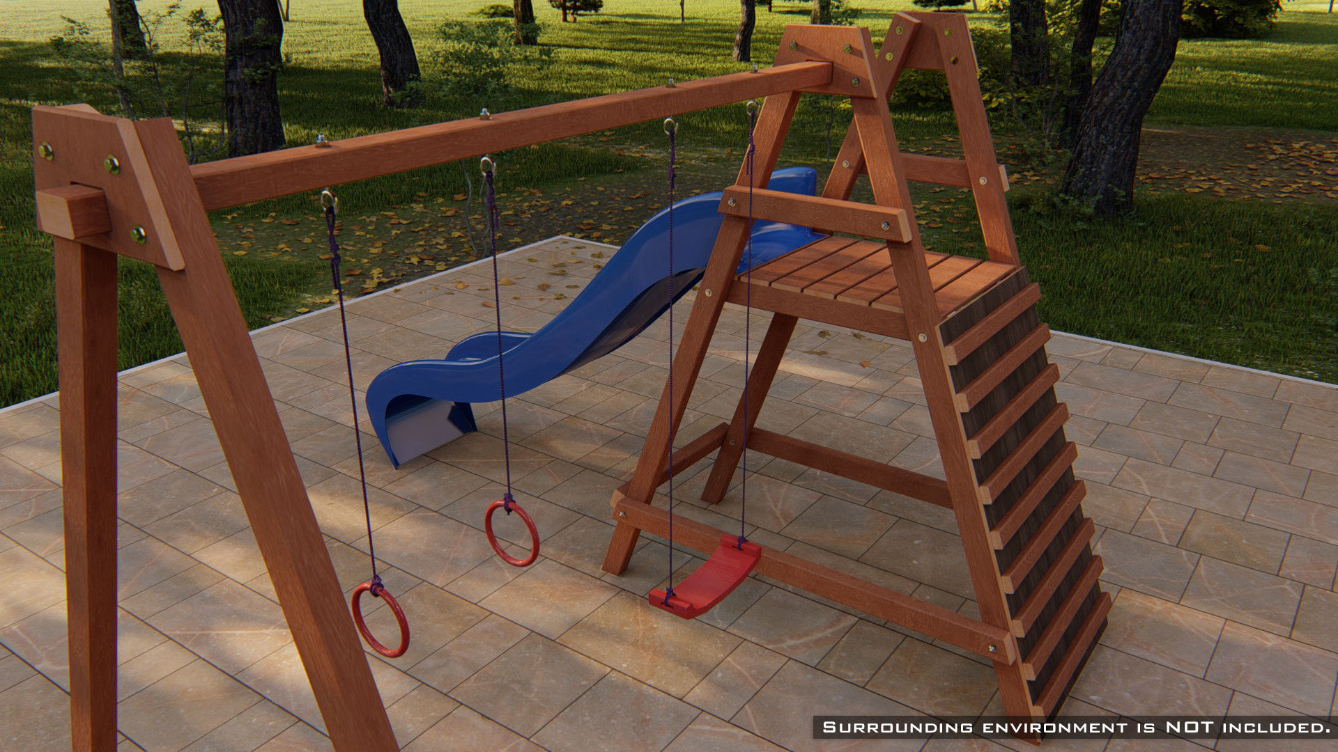 Wooden outdoor swing set with slide 3D model_5