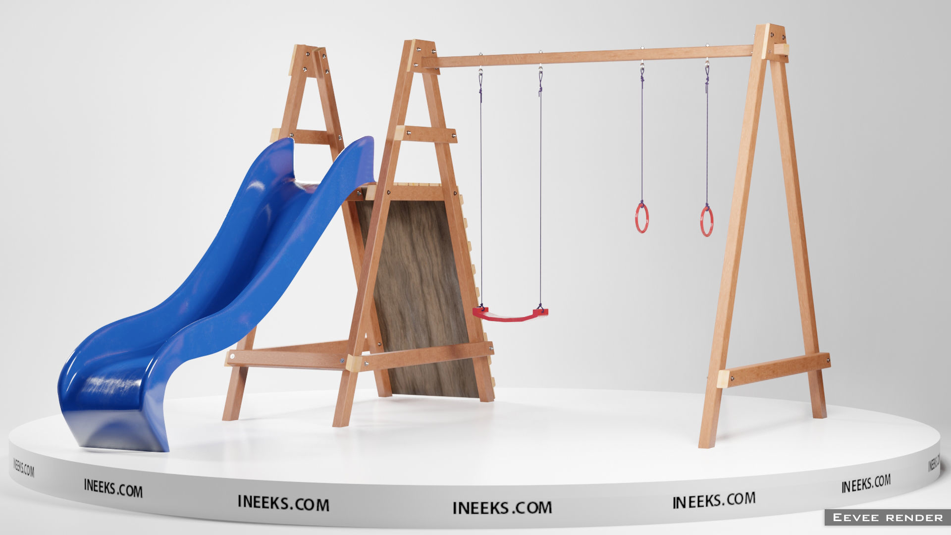 Wooden outdoor swing set with slide 3D model_12
