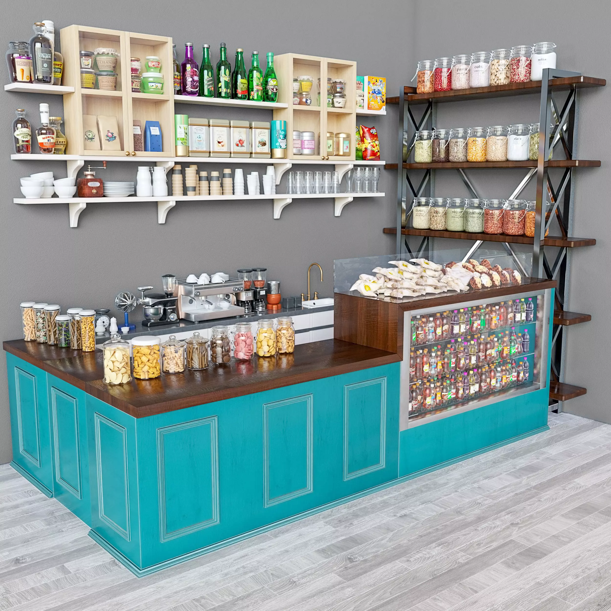 CafeBlack coffee shop counter with shelves 3D model_0