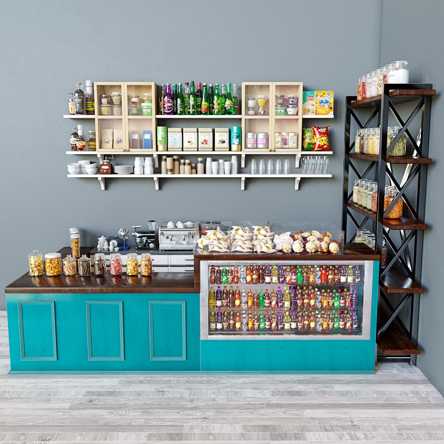 CafeBlack coffee shop counter with shelves 3D model_1