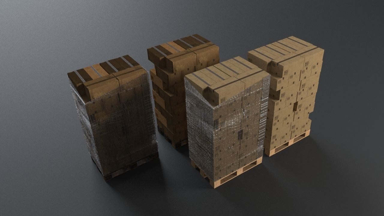 EUR Wood Pallet with box in strach set Low-poly 3D model_4