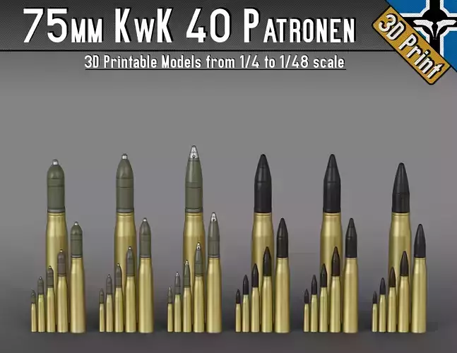 75mm KwK 40 - Stuk 40 Patronen --- 1-4 to 1-48 scale models --- 3D print model