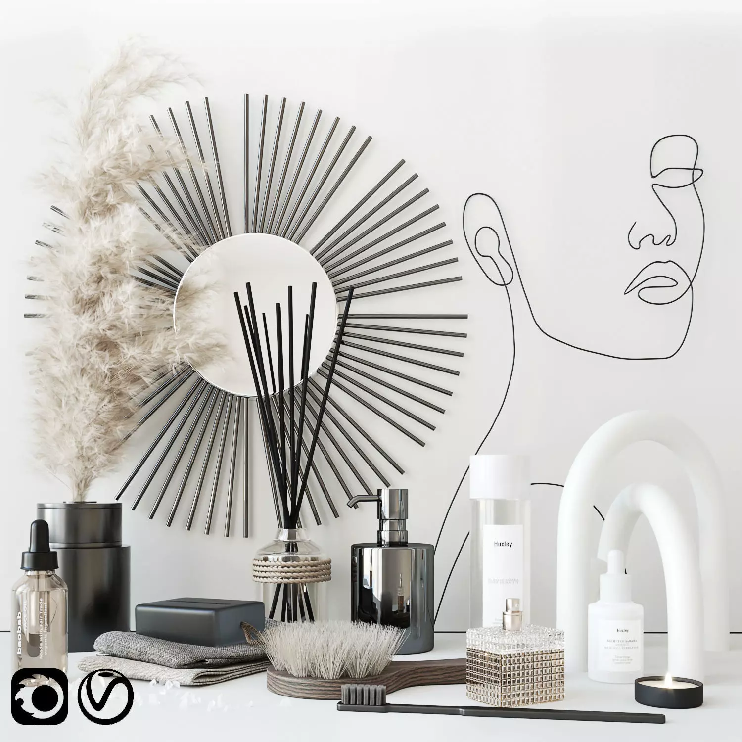 Bathroom set with face sculpture 3D model_0