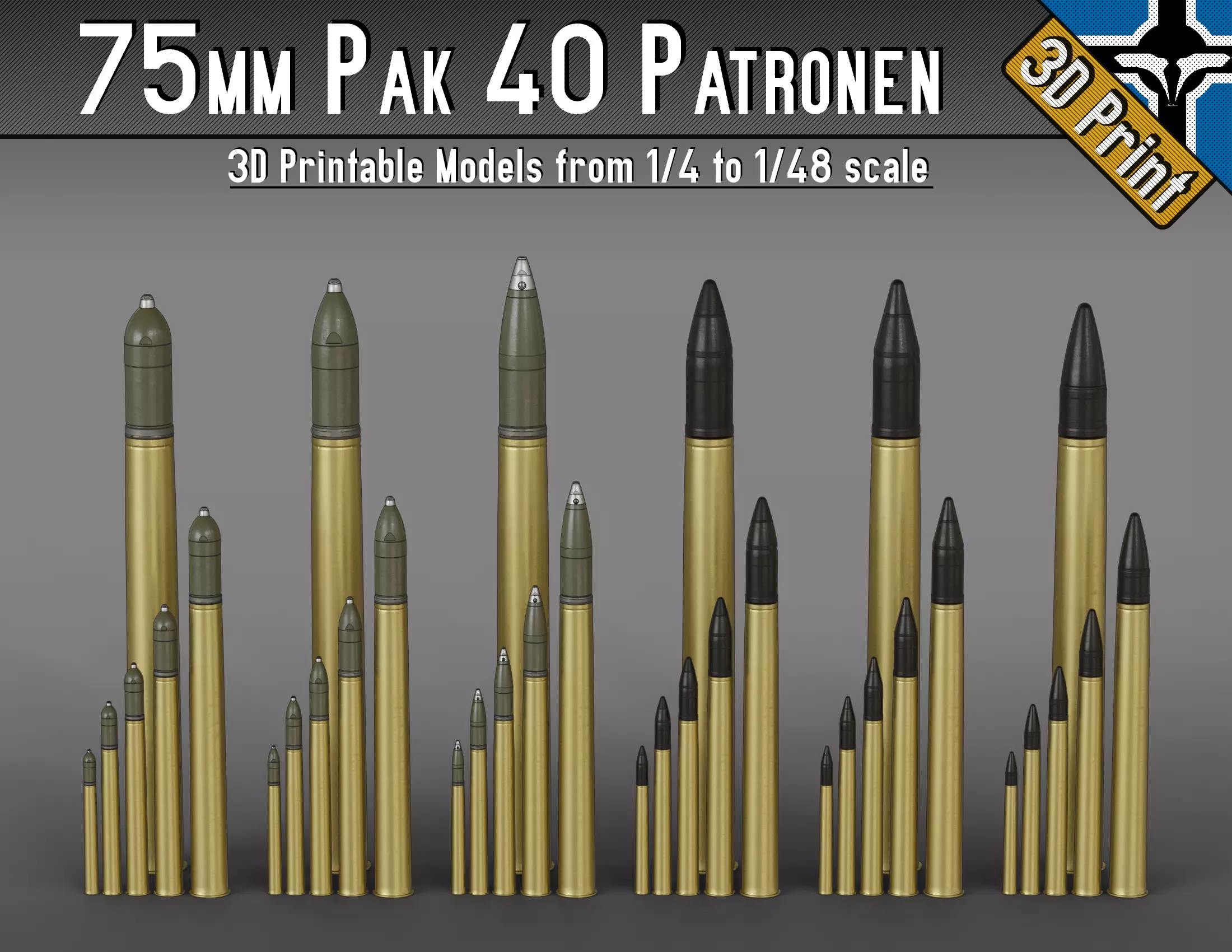 75mm Pak 40 Patronen --- 1-4 to 1-48 scale models --- 3D print model_0