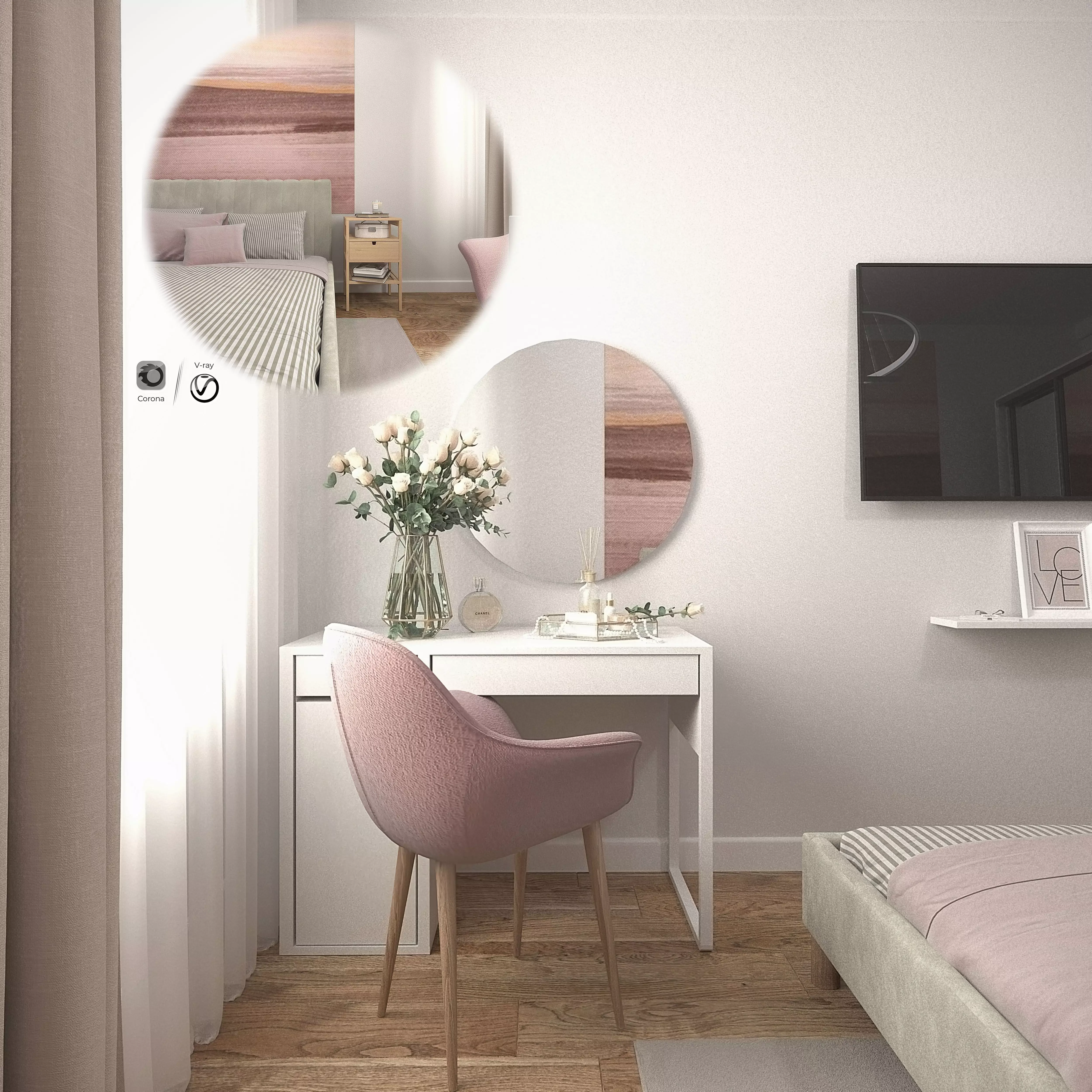 Bedroom with furniture and mirrors 3D model_0