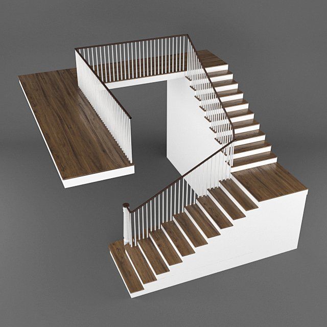 Stairs set of with wooden railings Low-poly 3D model_2