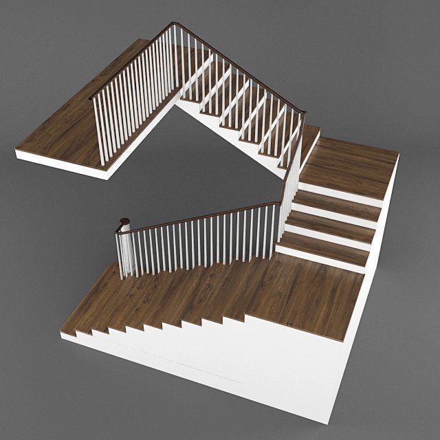 Stairs set of with wooden railings Low-poly 3D model_1