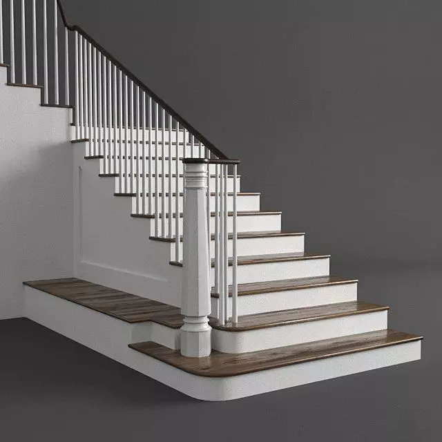 Stairs set of with wooden railings Low-poly 3D model_0