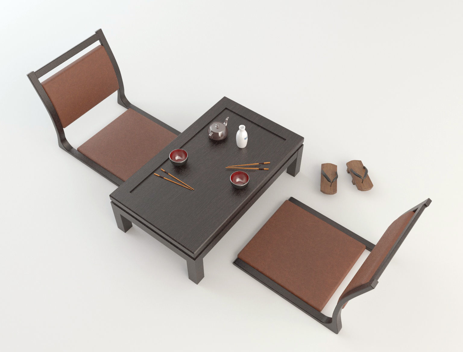 Japanese Chair and table Low-poly 3D model_1