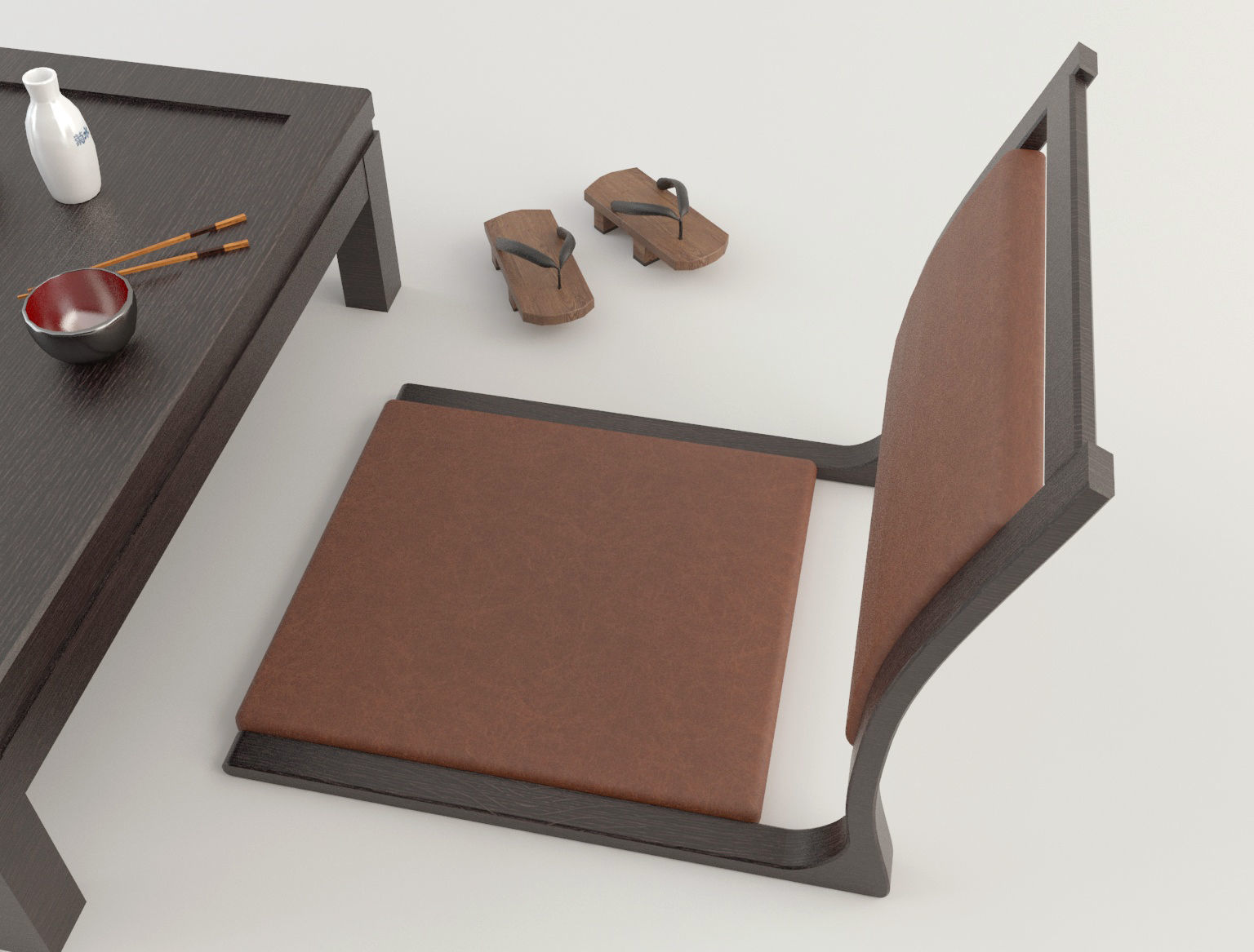 Japanese Chair and table Low-poly 3D model_4