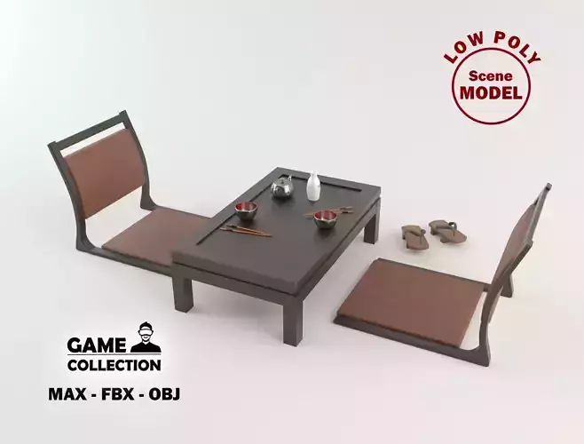 Japanese Chair and table Low-poly 3D model
