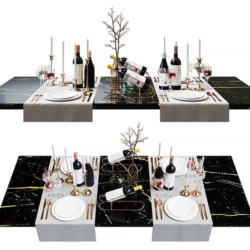 Tableware table with wine glasses and plates 3D model