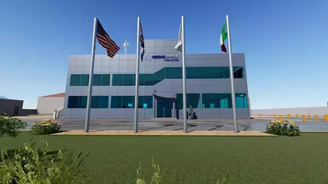 office building with flags Low-poly 3D model