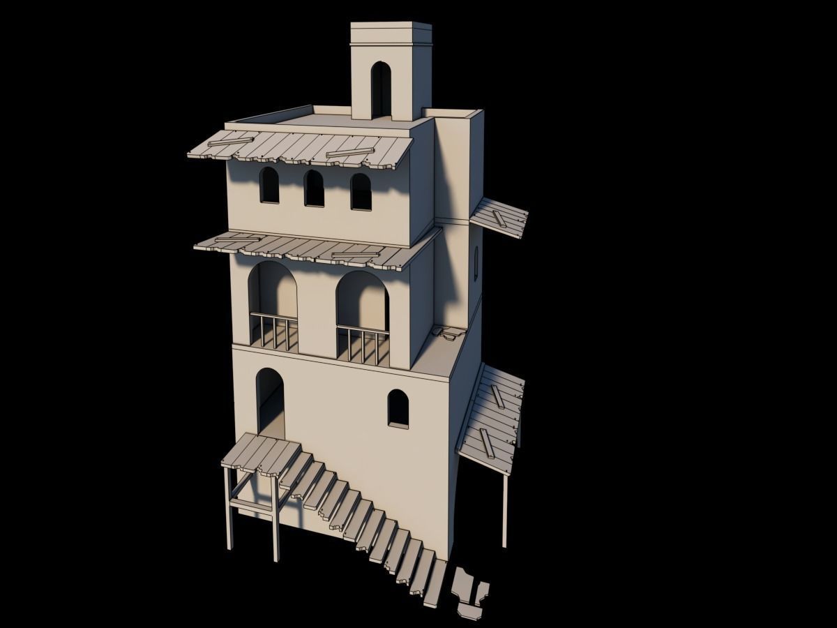 Old 3-level house Low-poly 3D model_3