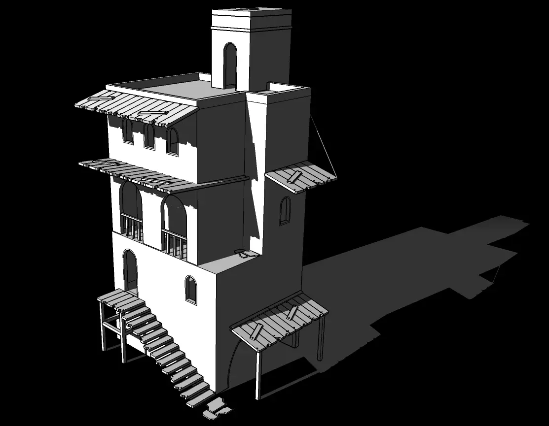 Old 3-level house Low-poly 3D model_0
