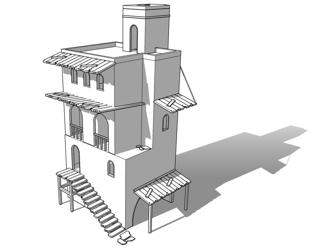 Old 3-level house Low-poly 3D model_2
