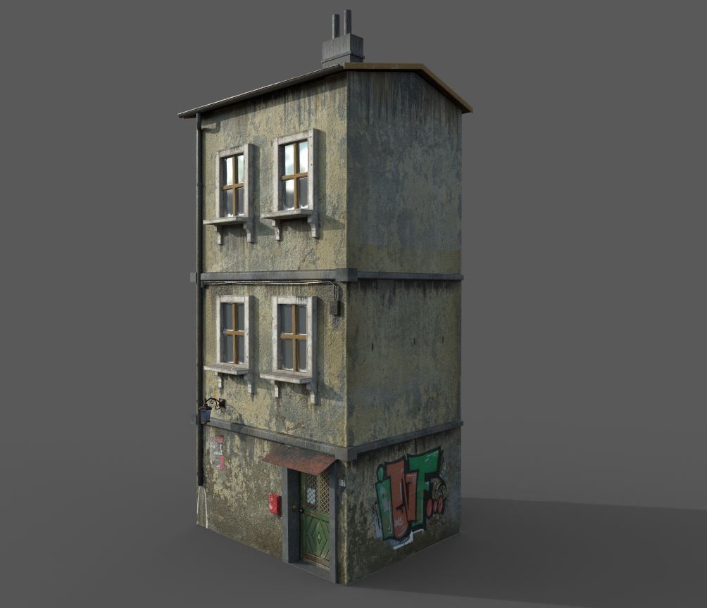 Worn European House With Graffiti 3D model_1