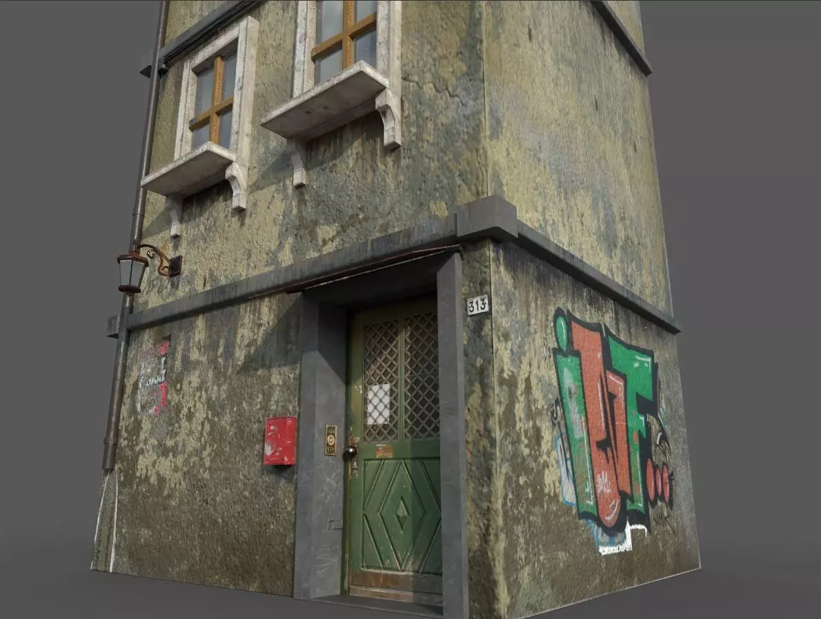 Worn European House With Graffiti 3D model_0