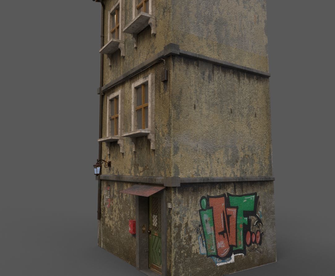 Worn European House With Graffiti 3D model_5